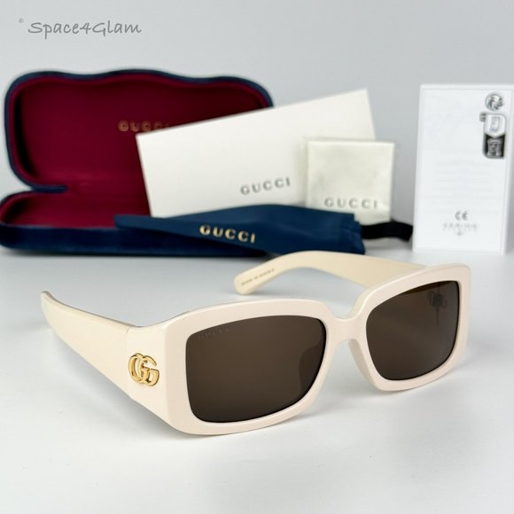 Gucci Women Sunglasses Ivory Brown Rectangle GG1403SK 004 BRAND NEW - Picture 1 of 10